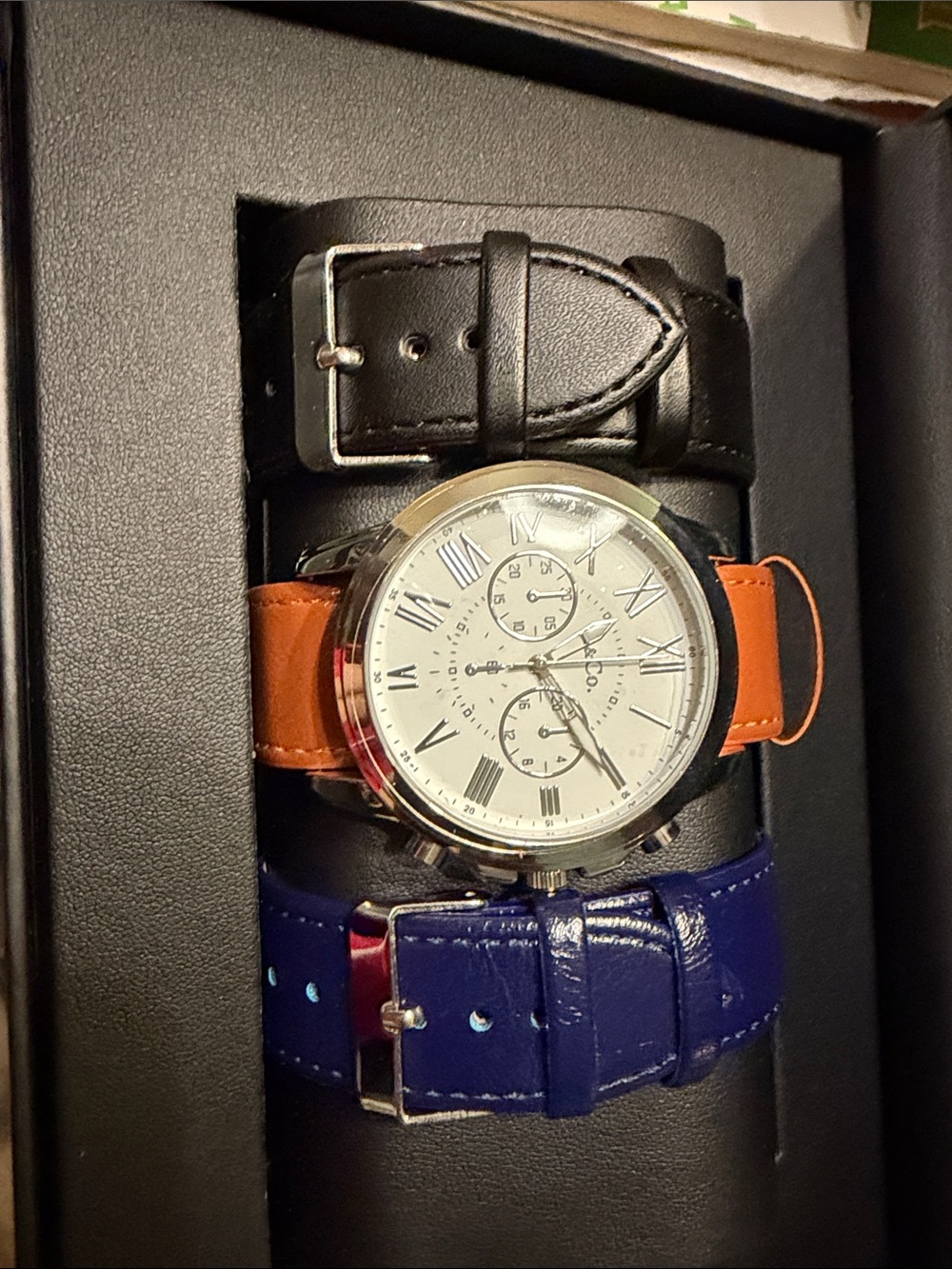 Men's Leather Strap Watch - Black, Orange, Blue